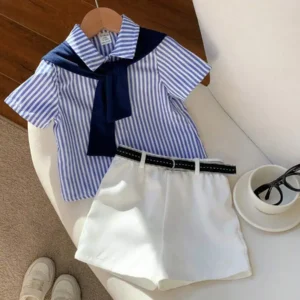 Blue Stripe Short Sleeve Shirt with Navy Shawl