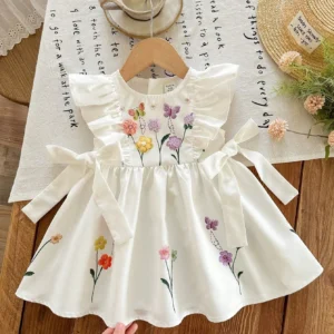 White Floral Embroidered Ruffle Sleeve Casual Dress